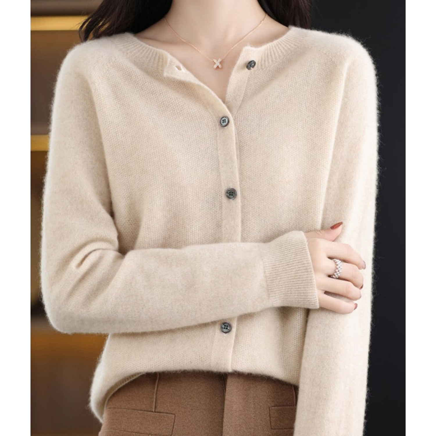 Merino Wool and Cashmere Cardigan with Round Neck