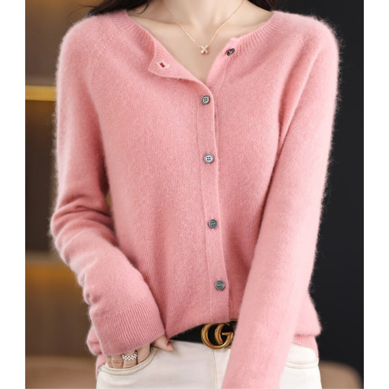 Merino Wool and Cashmere Cardigan with Round Neck