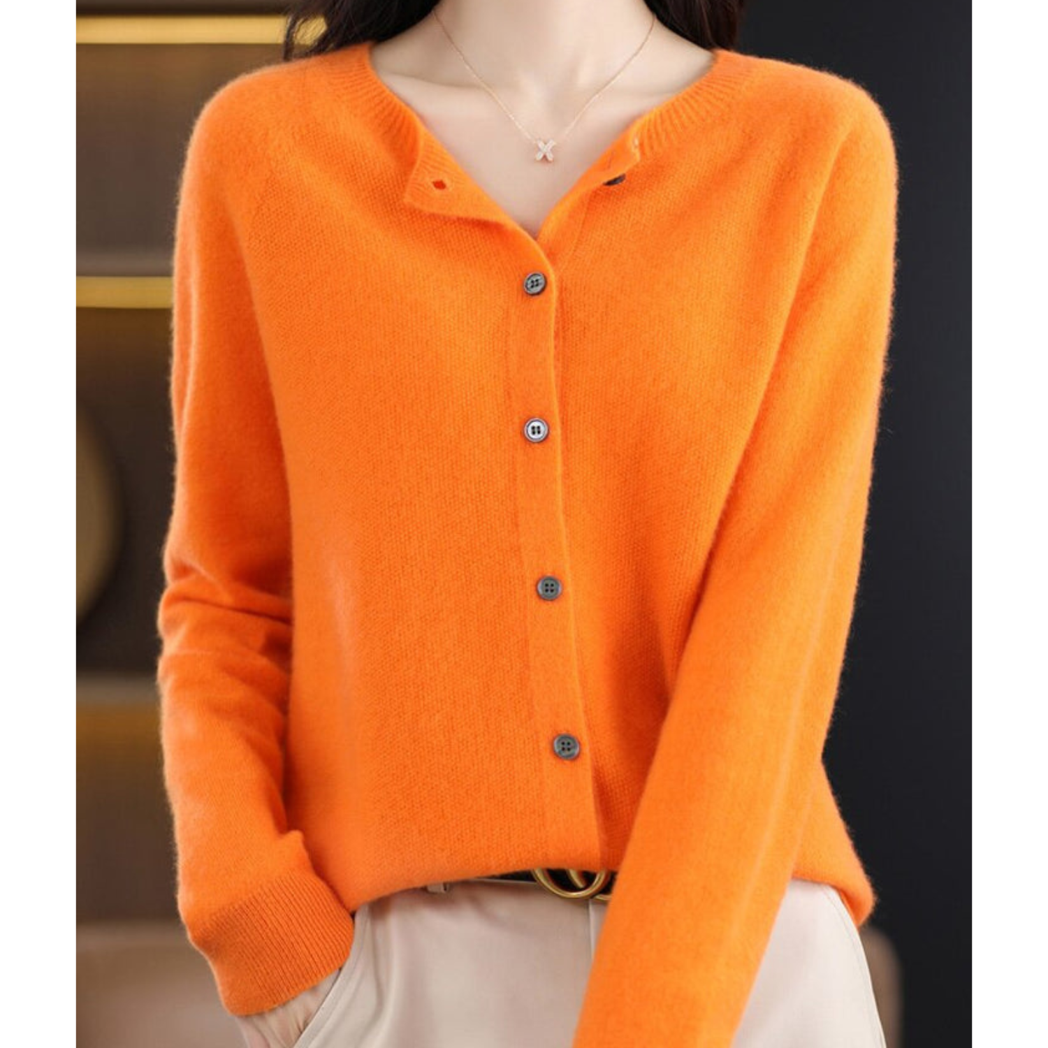 Merino Wool and Cashmere Cardigan with Round Neck