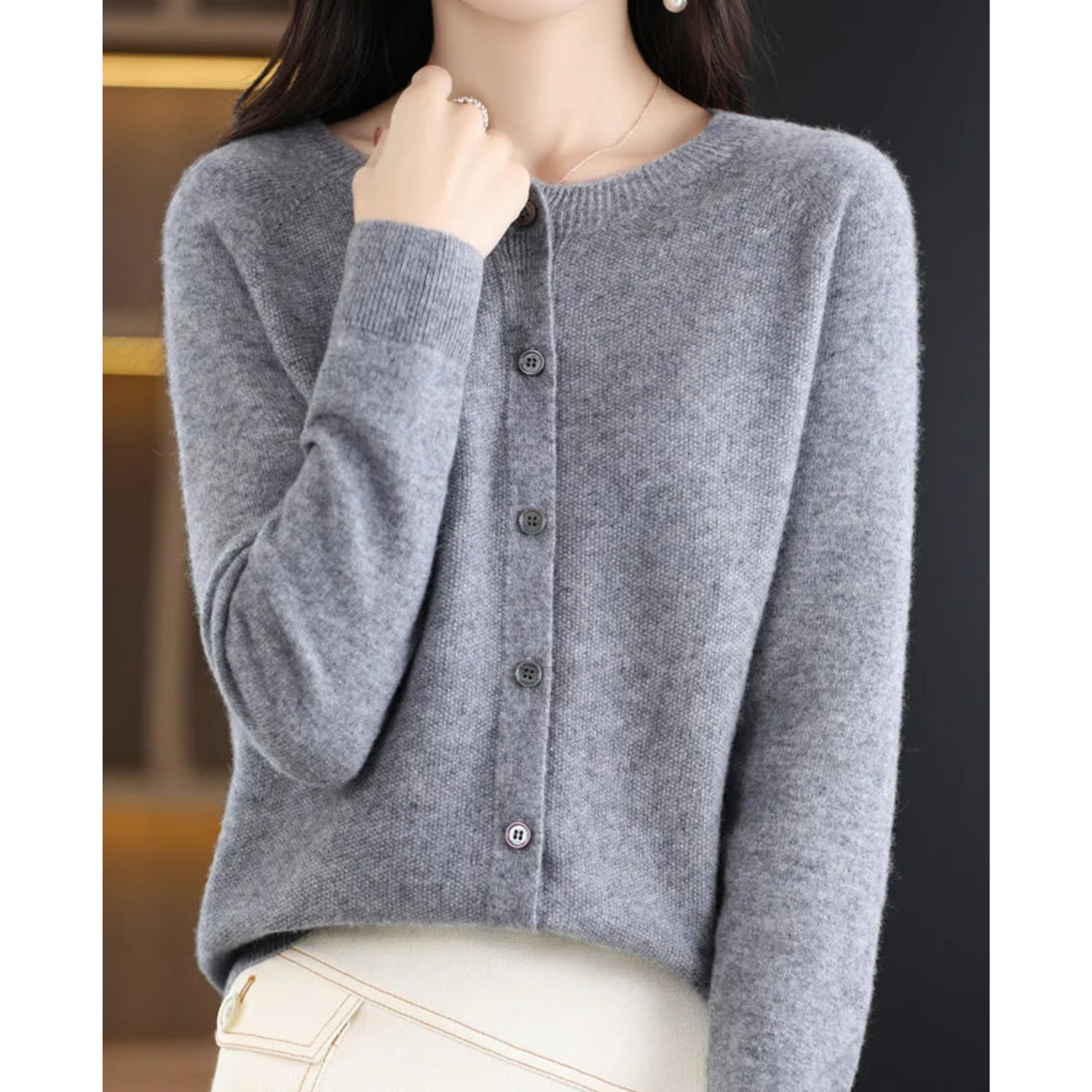 Merino Wool and Cashmere Cardigan with Round Neck