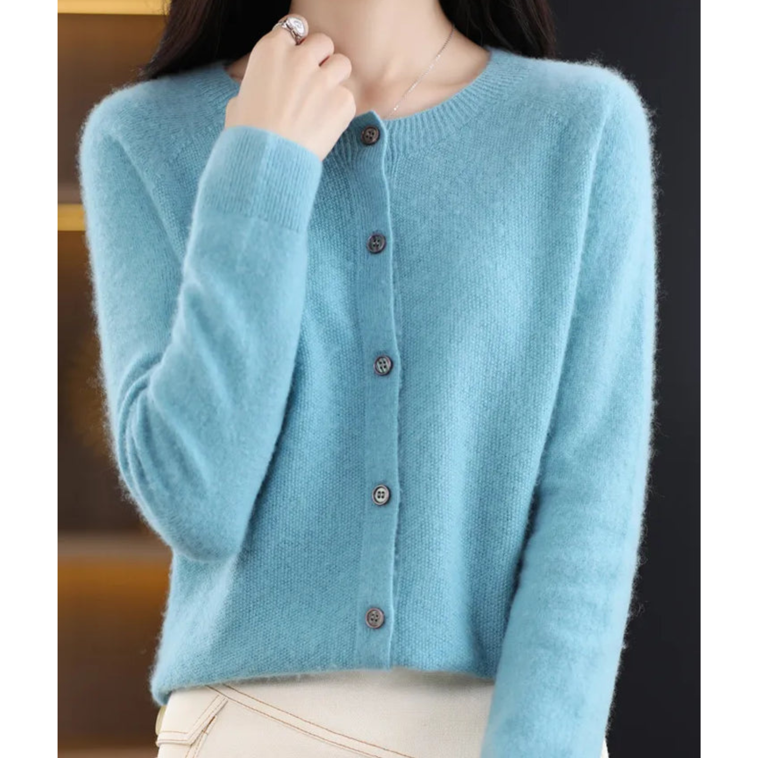Merino Wool and Cashmere Cardigan with Round Neck