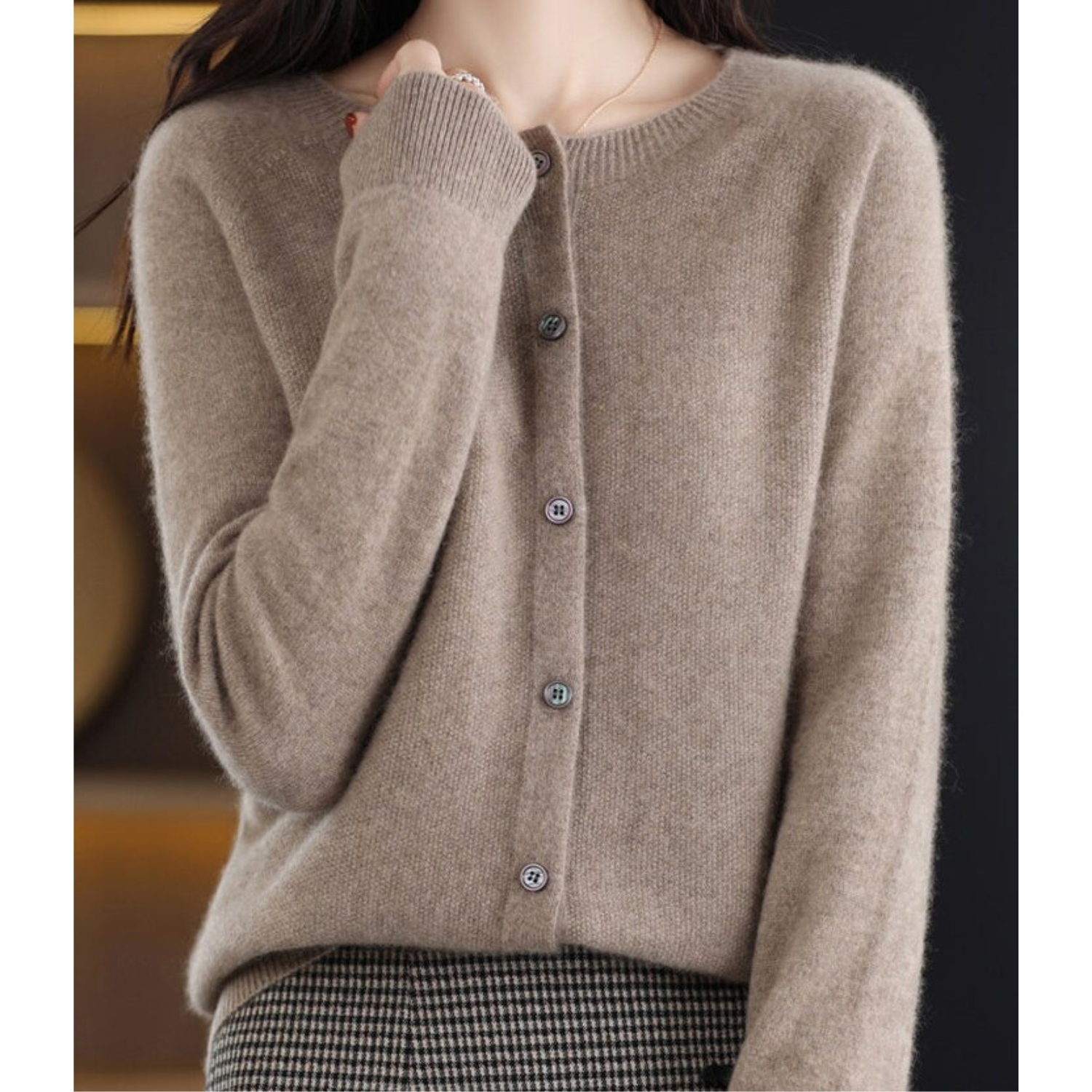 Merino Wool and Cashmere Cardigan with Round Neck