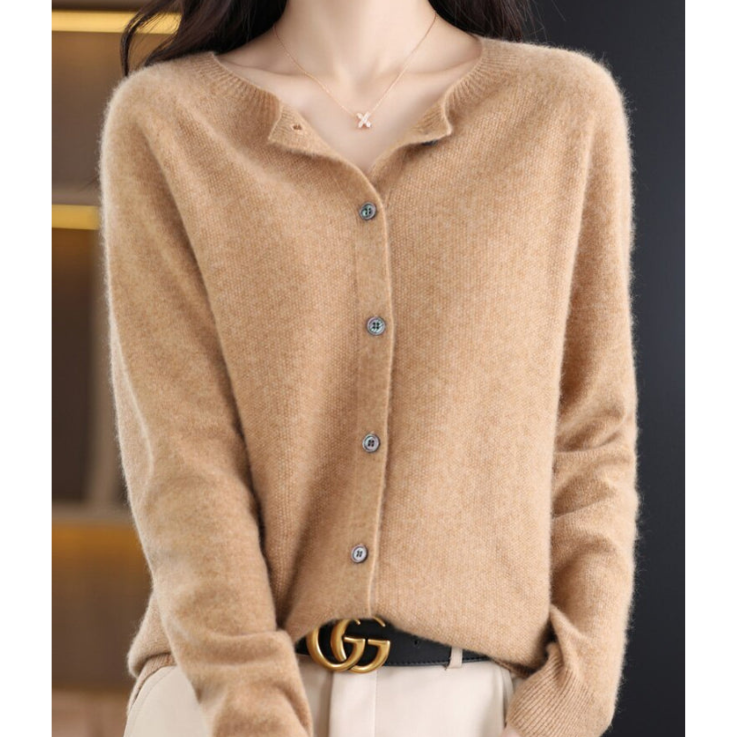 Merino Wool and Cashmere Cardigan with Round Neck