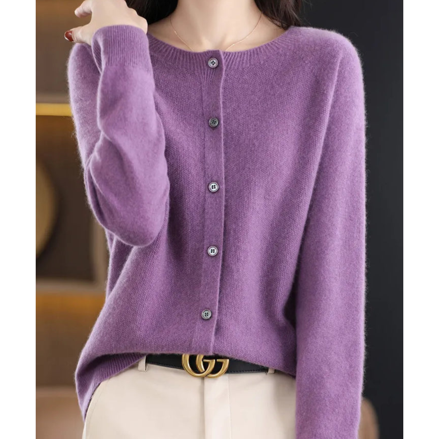 Merino Wool and Cashmere Cardigan with Round Neck