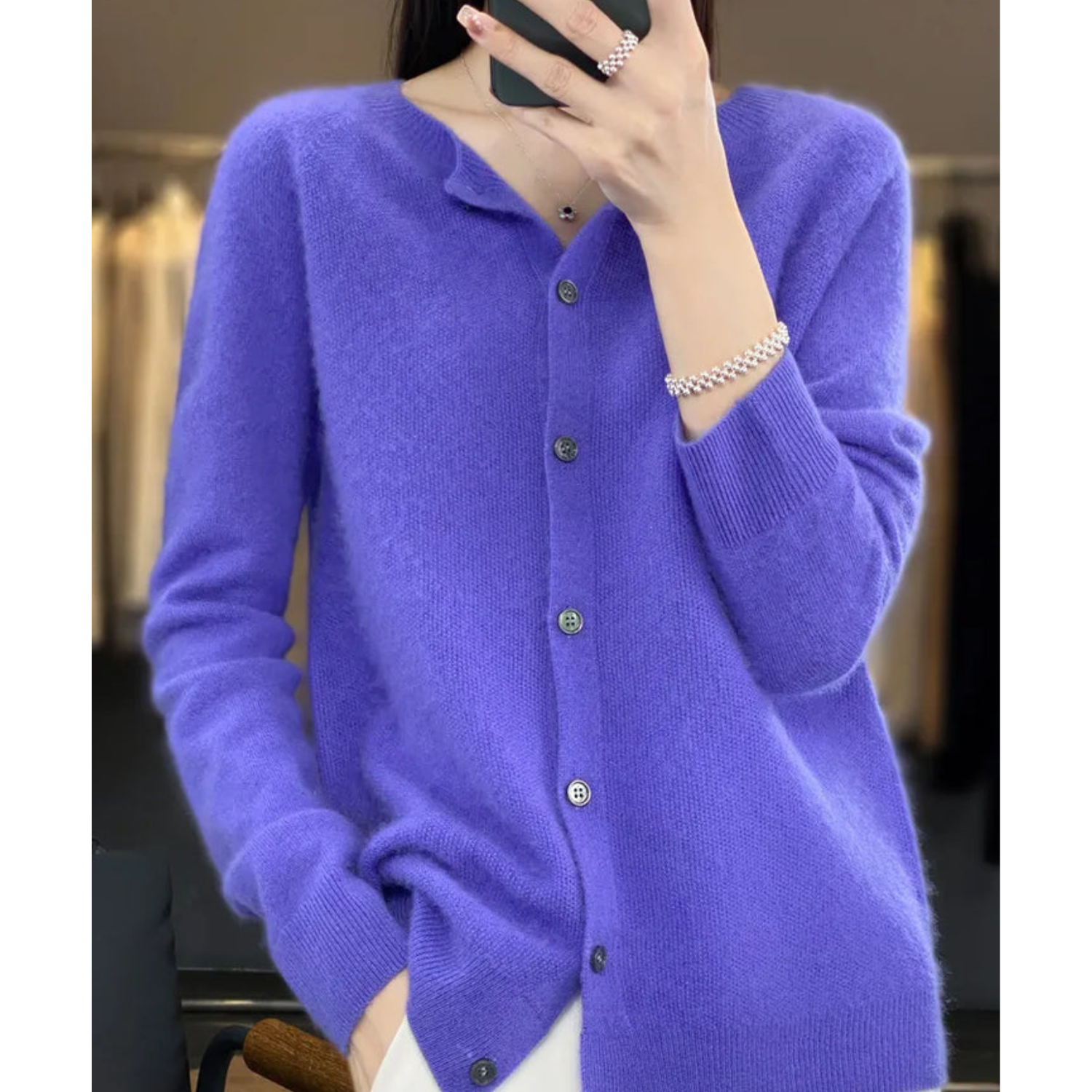 Merino Wool and Cashmere Cardigan with Round Neck