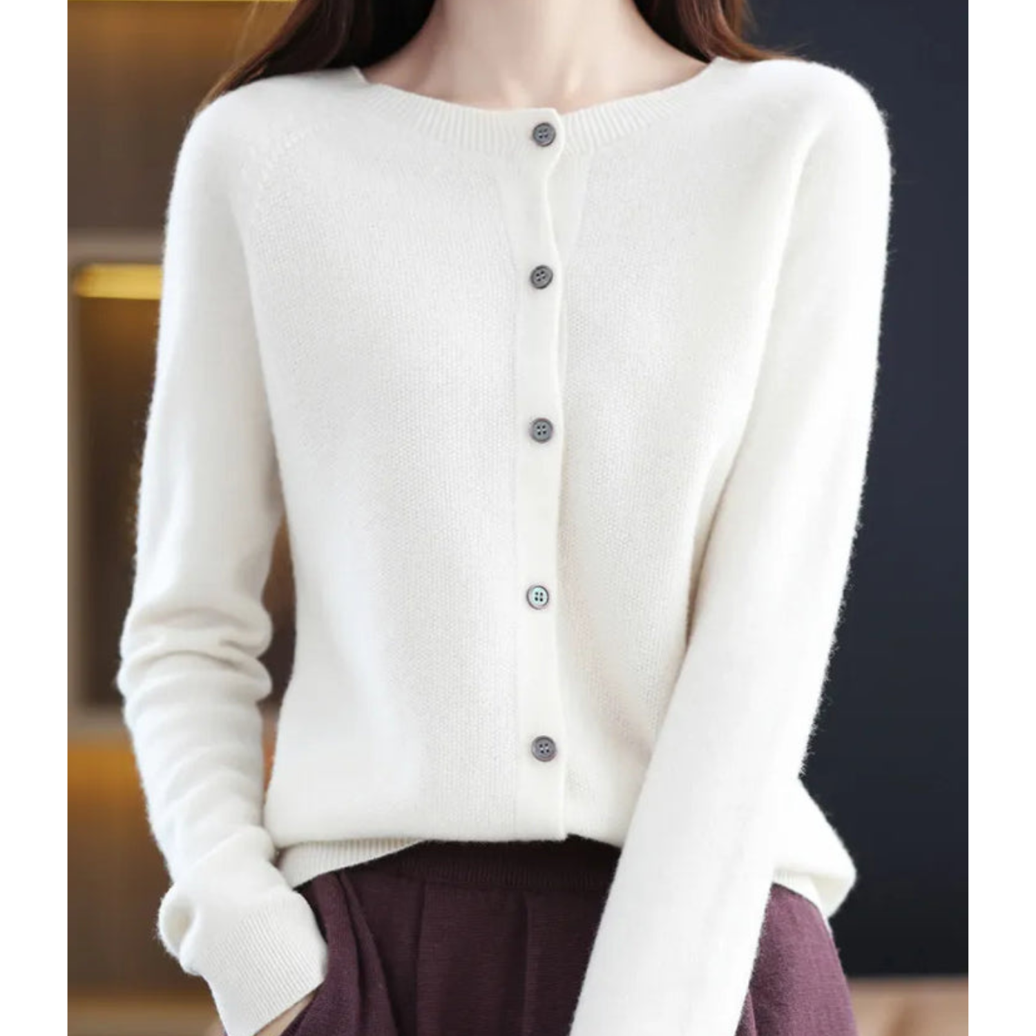 Merino Wool and Cashmere Cardigan with Round Neck