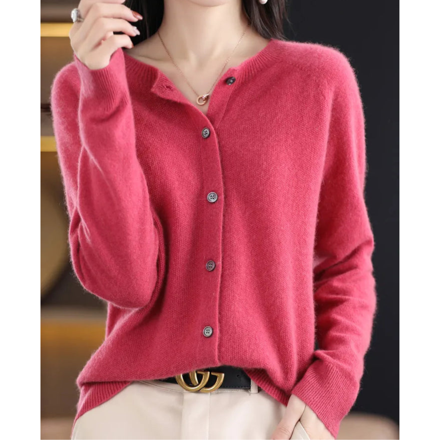 Merino Wool and Cashmere Cardigan with Round Neck