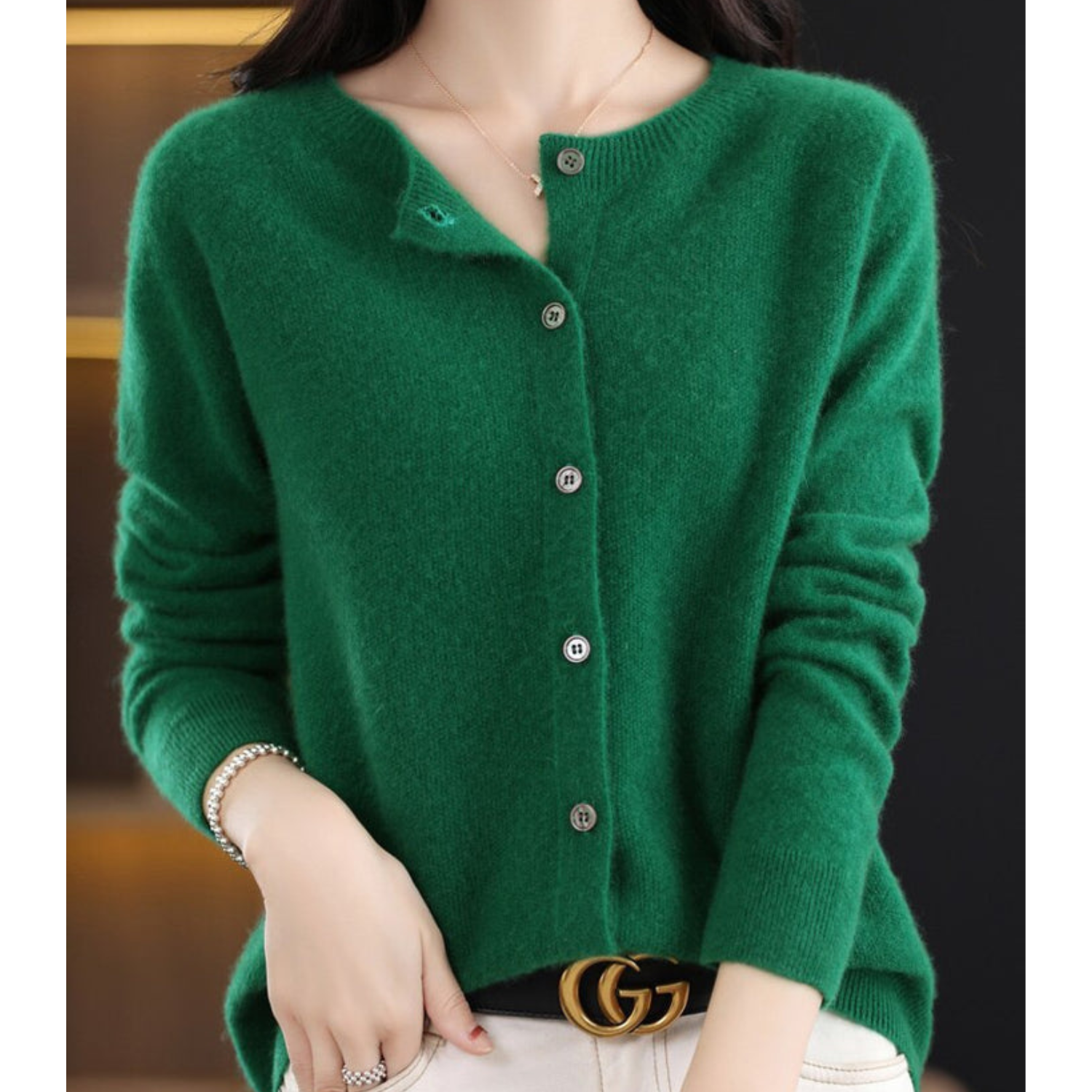Merino Wool and Cashmere Cardigan with Round Neck