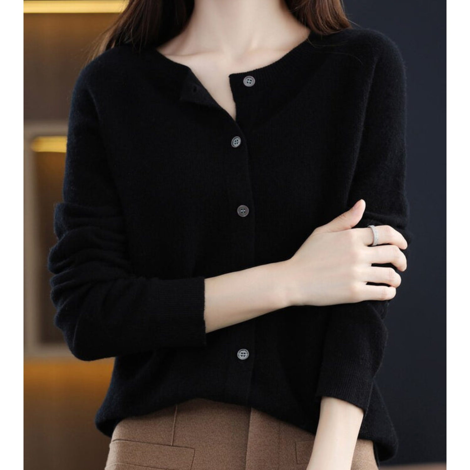 Merino Wool and Cashmere Cardigan with Round Neck
