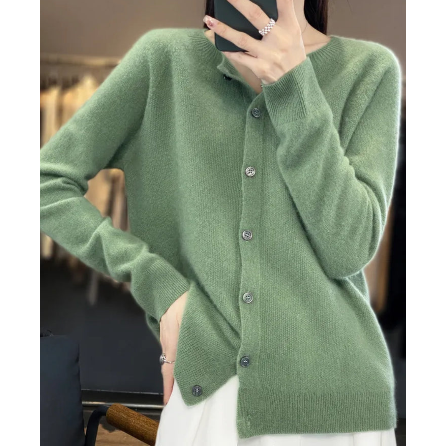 Merino Wool and Cashmere Cardigan with Round Neck