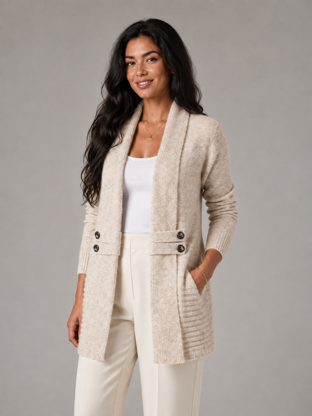 Women's Shawl Collar Button-Tab Cardigan