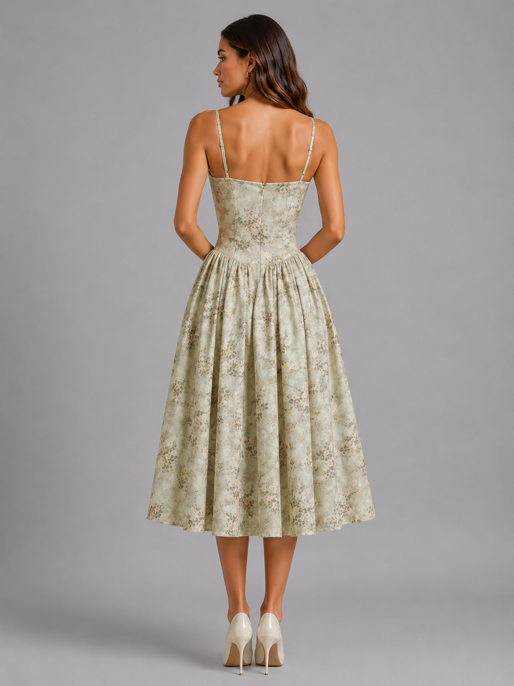 Floral Corset Sweetheart Midi Dress Wedding Guest