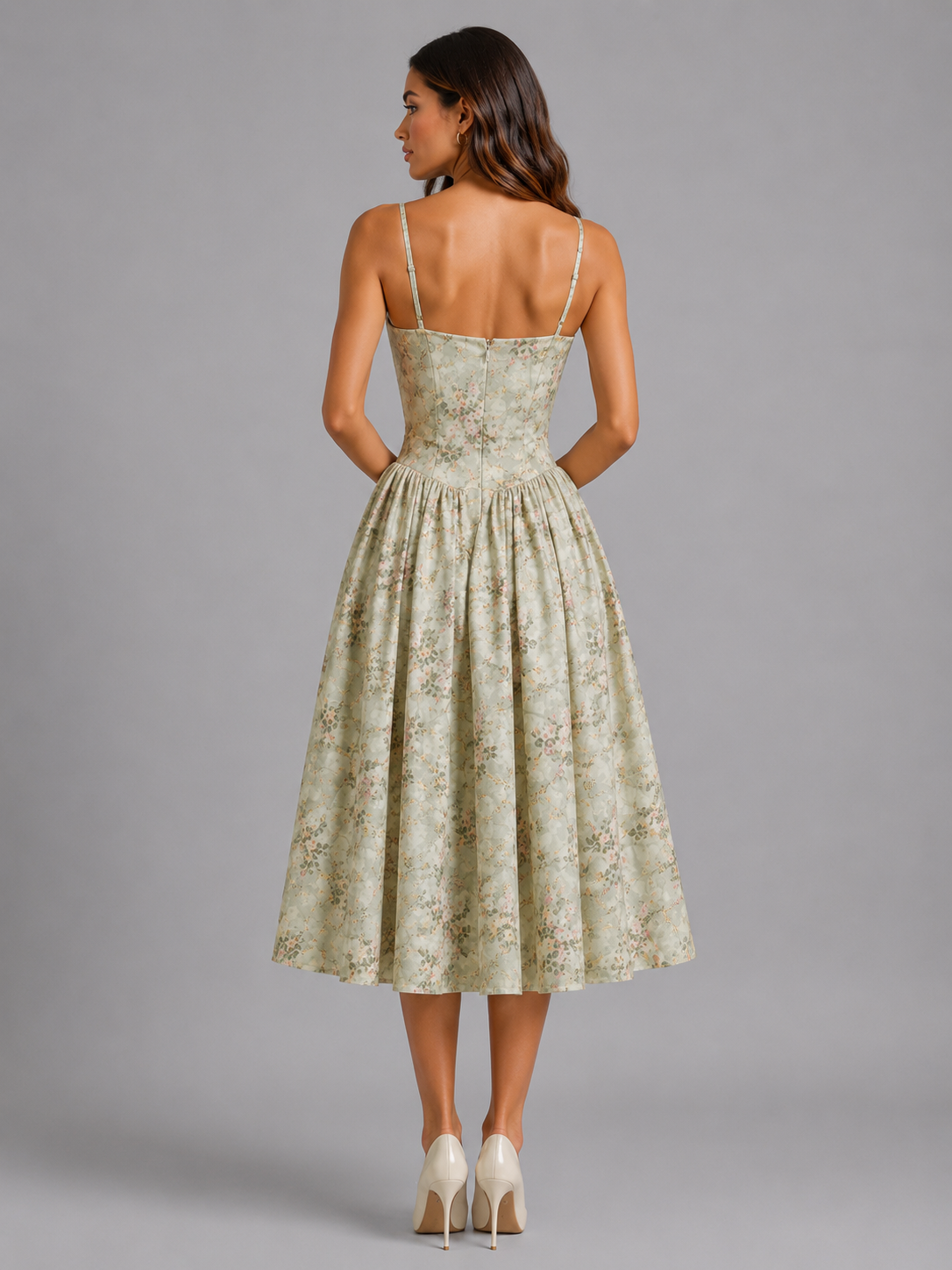 Floral Corset Sweetheart Midi Dress Wedding Guest