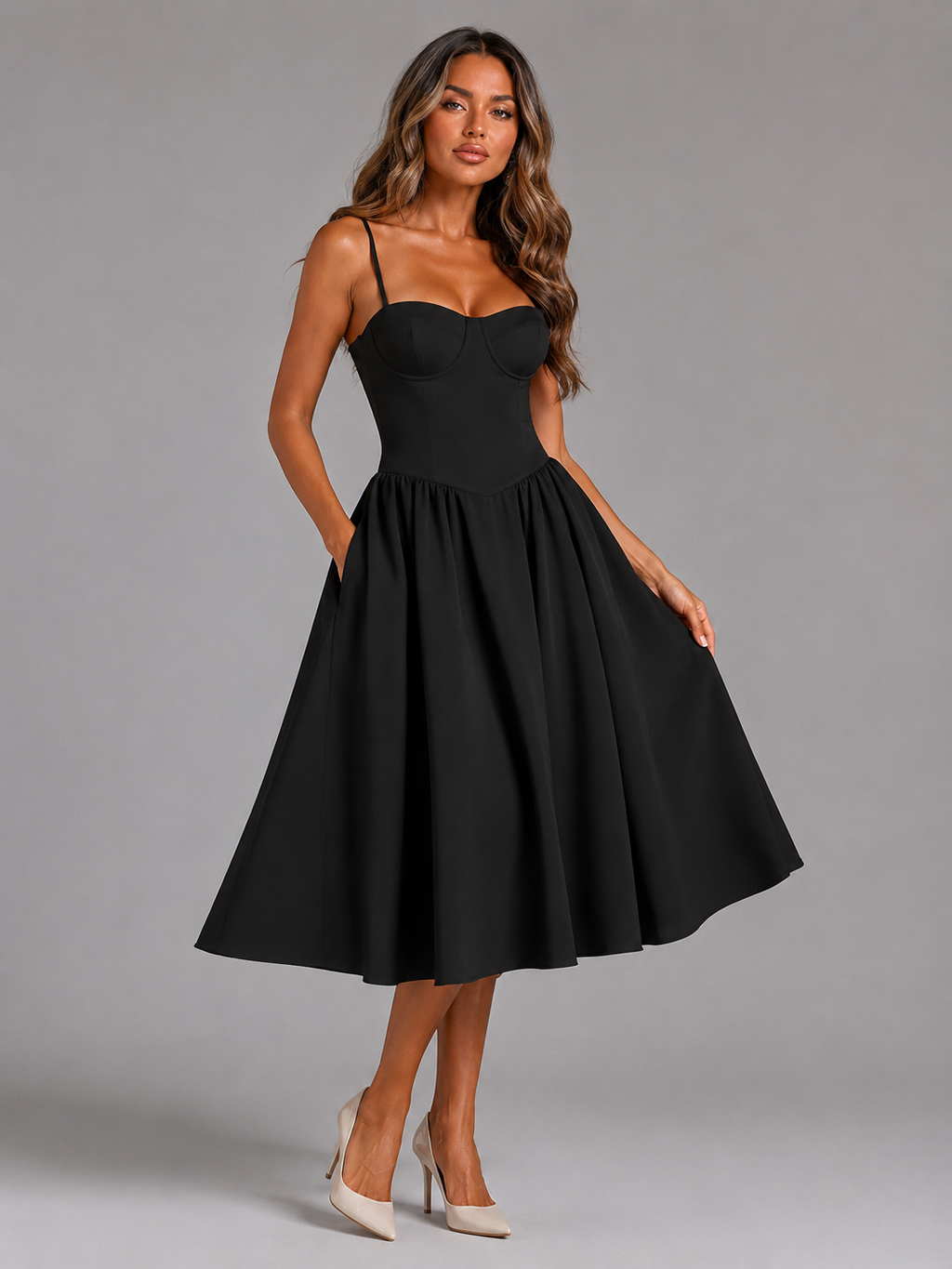 Floral Corset Sweetheart Midi Dress Wedding Guest