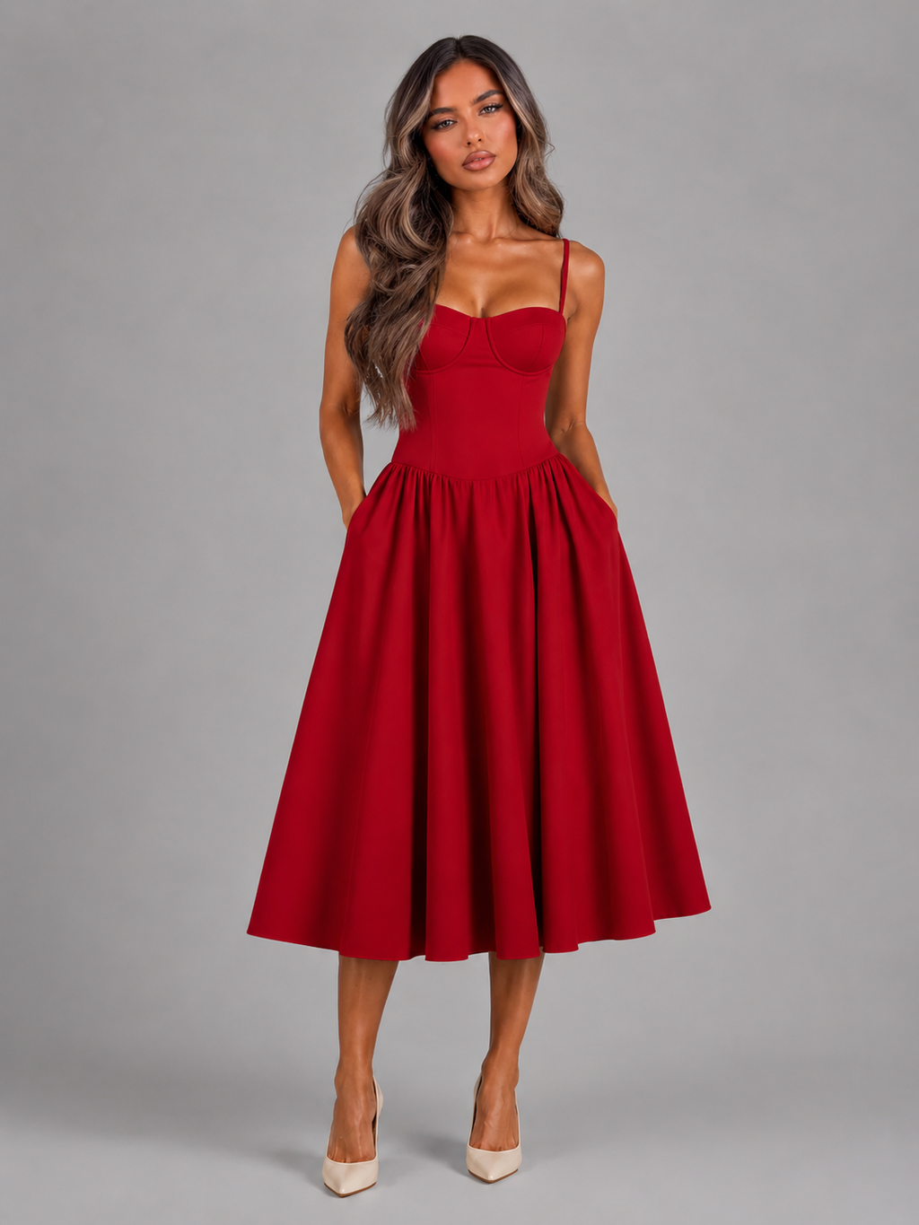 Floral Corset Sweetheart Midi Dress Wedding Guest