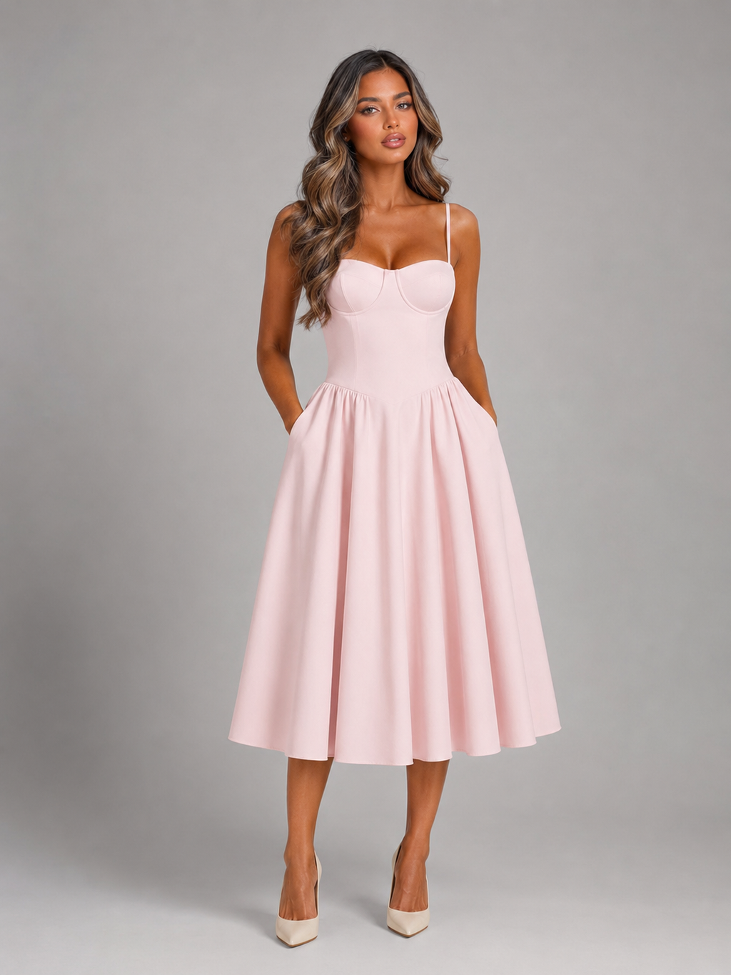 Floral Corset Sweetheart Midi Dress Wedding Guest
